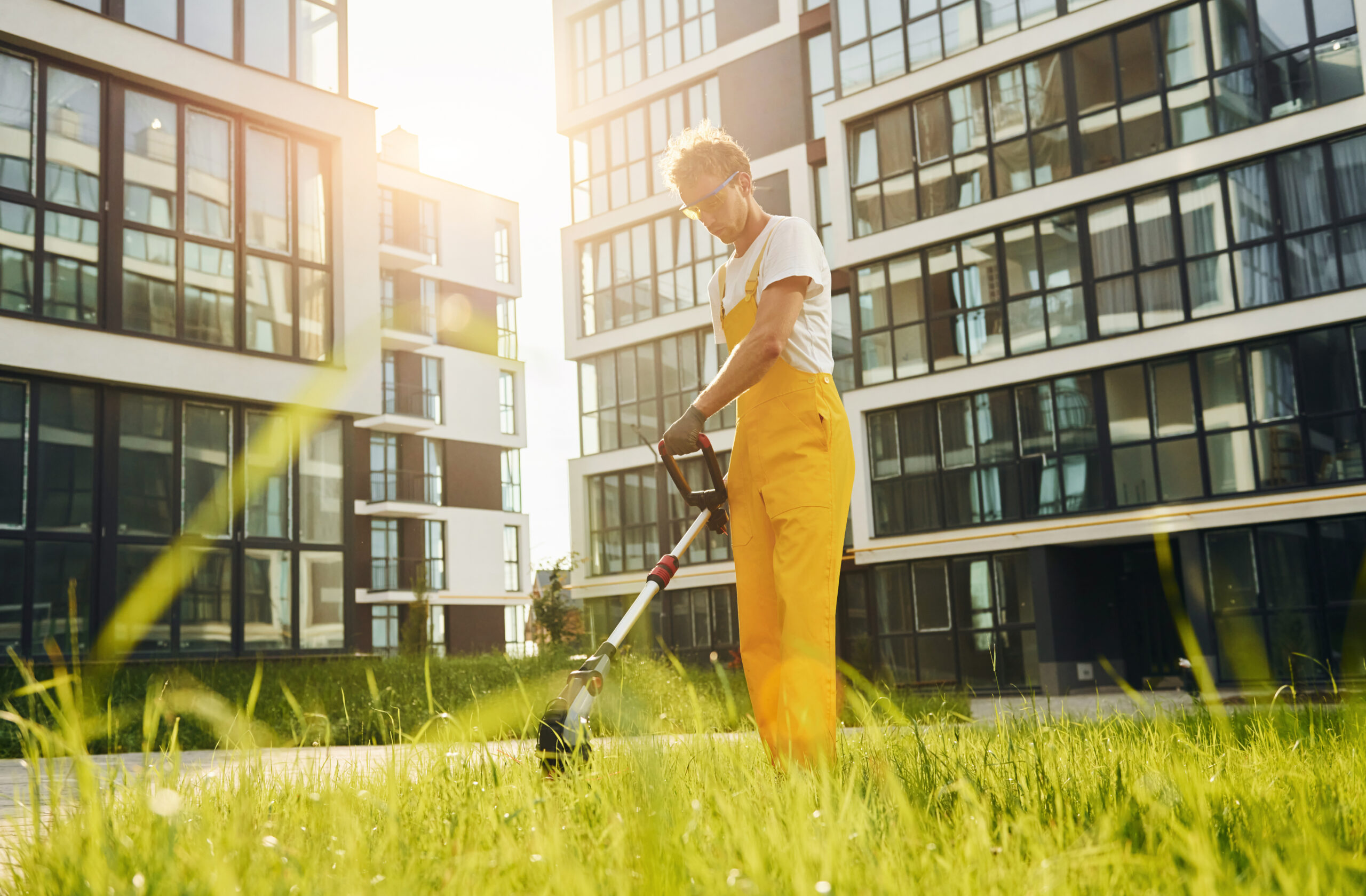 Maintenance crew mowing at a commercial property