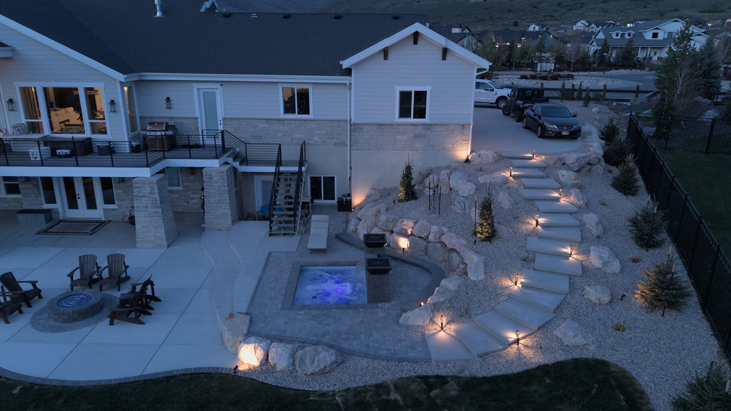 Retaining wall and paver hardscape under construction
