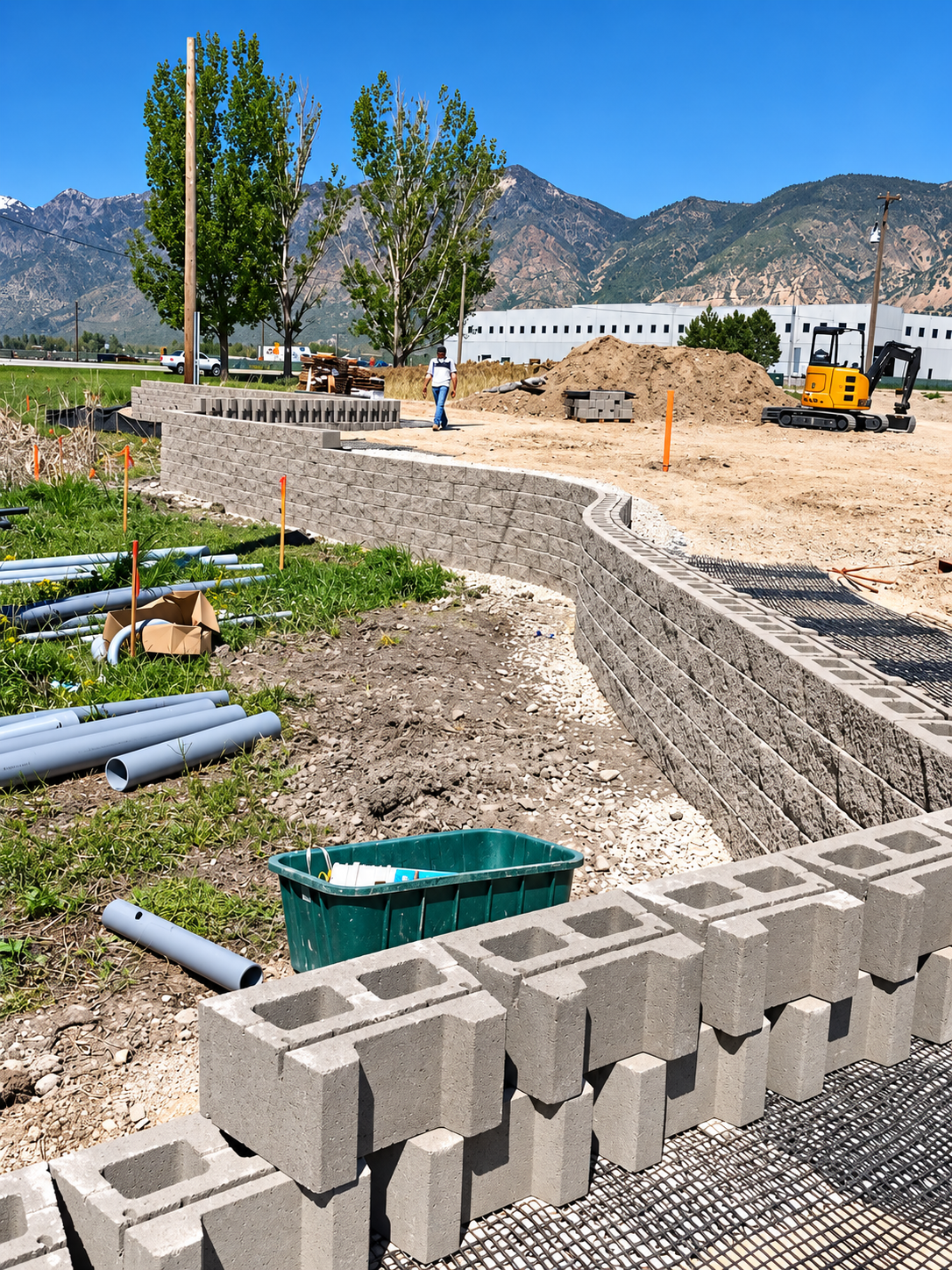 Segmental block retaining wall under construction