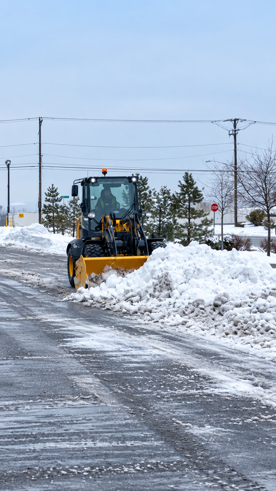 Plow clearing snow from a commercial parking lot